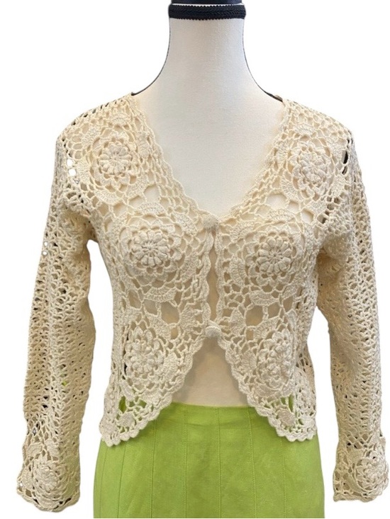 Halfon Roma Tops - Crochet Floral Cardigan - Cream Lace Openwork Size S bohemian feminine vintage